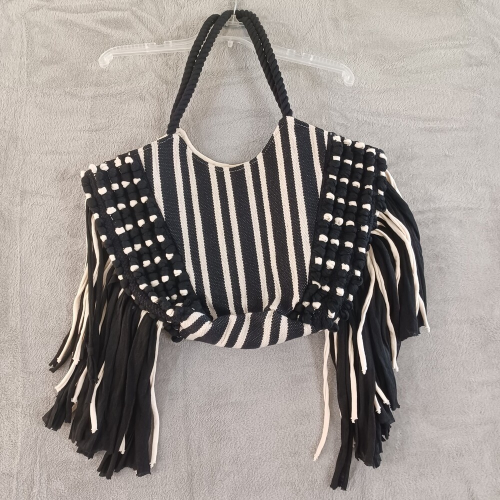 Large NEW Shoulder Bag Black Cream Bohemian Woven Side Tasseled Striped